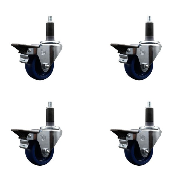 3'' Solid Poly Swivel 1-1/8'' Expanding Stem Caster Set with Brake, 4PK
